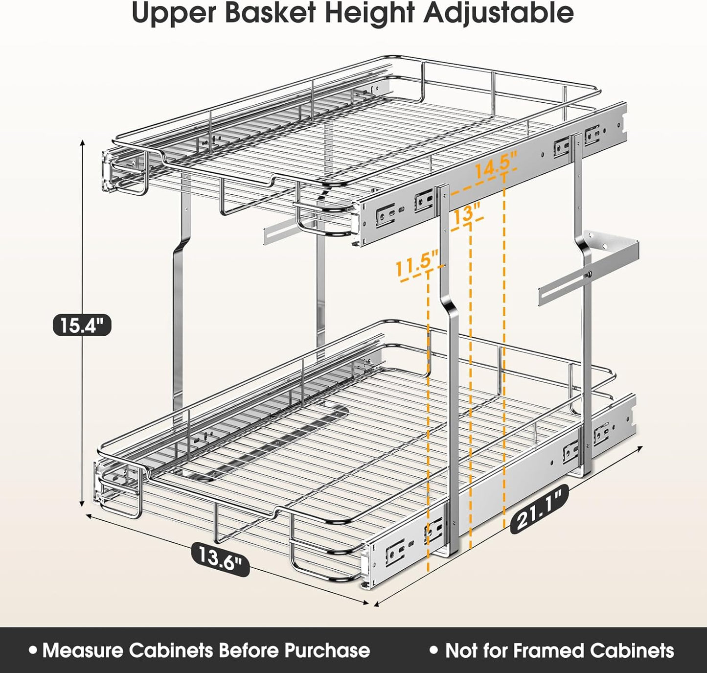 Pull Out Cabinet Organizer, Heavy Duty Cabinet Shelf Organizers, 2 Tier Cabinet Slide Out Shelves for Kitchen, Pantry, Bathroom, 14" W X 21" D