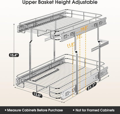Pull Out Cabinet Organizer, Heavy Duty Cabinet Shelf Organizers, 2 Tier Cabinet Slide Out Shelves for Kitchen, Pantry, Bathroom, 14" W X 21" D