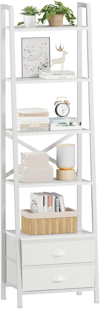 5-Tier Ladder Shelf with 2 Drawers,Narrow Bookshelf Storage Shelves,Industrial Bookcase Freestanding Rack Units for Bedroom,Living Room,Bathroom,Home Office,Balcony,Wood Metal, White