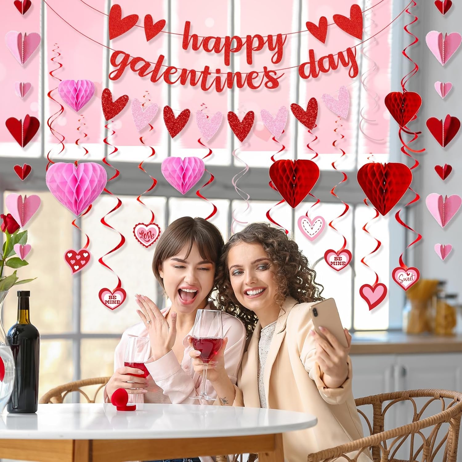 Galentines Day Decorations for Party, Happy Galentine’S Day Heart Banner Garland, Galentines Day Party Supplies with Hanging Streamers Heart Honeycombs Swirls for Girls Ladies Celebration