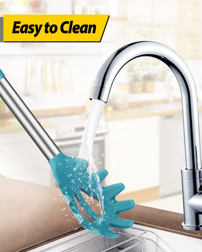 Pack of 2 Silicone Pasta Fork, Kitchen Heat Resistant Noodle Spoon Server, BPA Free Spaghetti Strainer, Best Cooking Tools (GRAY-BLUE)