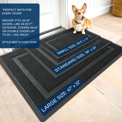 Front Door Mat Indoor Outdoor Entrance, Waterproof All-Season, All-Weather Doormat, Sturdy Natural Rubber, Fade Resistant, Low Profile, Easy Clean Patio Porch Entryway Mat, 29.5X17, Black