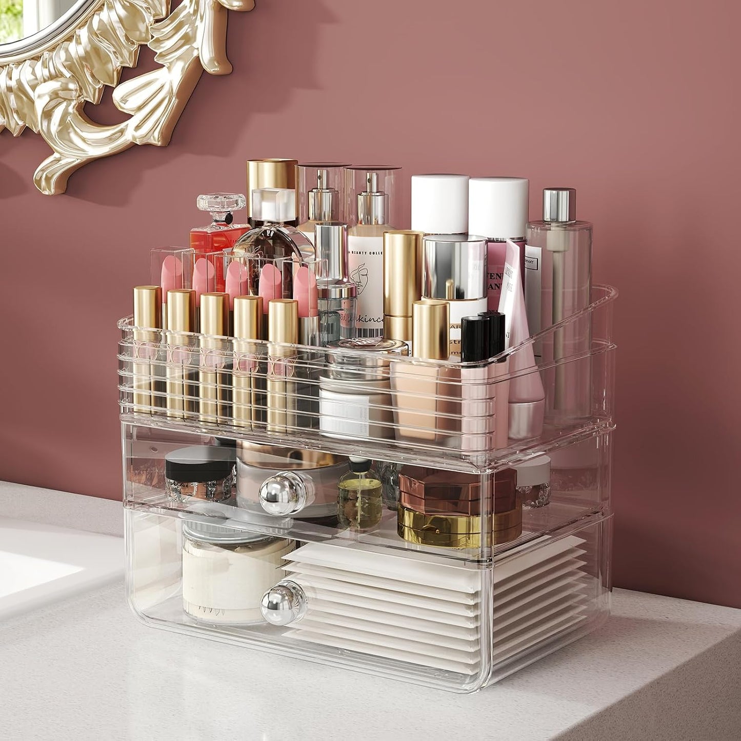 Makeup Organizer with Large Drawers, Bathroom Counter Skincare Organizer for Vanity,Storage Box with Handle, Cosmetic Display Case for Vanity Countertop, Skincare Perfume Storage, Clear