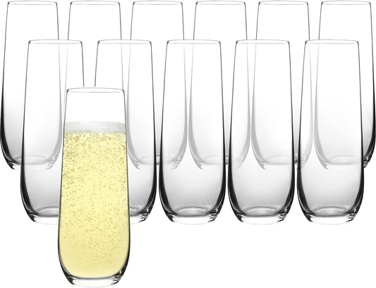 Set of 12 Stemless Crystal Champagne Flutes, 8 Oz Prosecco and Mimosa Glasses