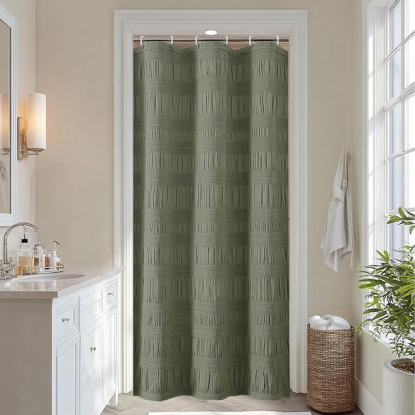 Sage Green Shower Curtain, Farmhouse Rustic Striped Textured Fabirc Stall Shower Curtain for Bathroom Narrow Stall Size, Hotel Style, Machine Washable, Sage Green, 36X72
