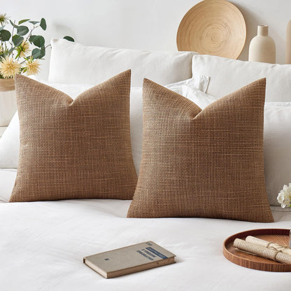 Burlap Linen Throw Pillow Covers 18X18 Inch Set of 2 Brown Decorative Pillows Modern Farmhouse Pillowcases Soft Accent Cushion Covers for Outdoor Couch Sofa Bedroom Livingroom Home Decor