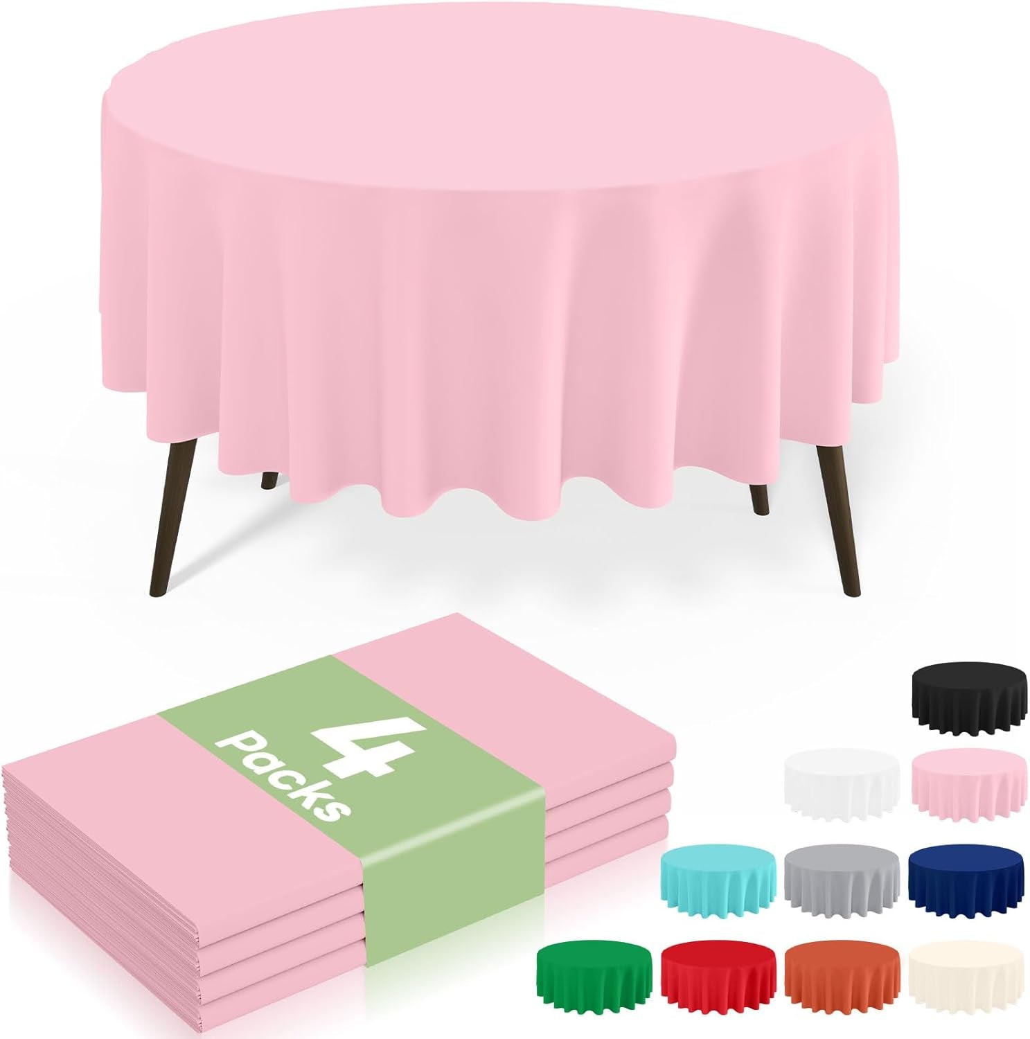 4 Packs Disposable Table Cloth, 84" round Waterproof Tablecloth, Leakproof & Sturdy Decorative Table Covers for Picnic, Outdoor, Pink