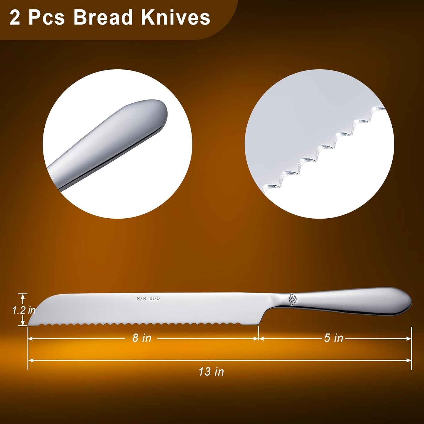 Bread Cutting Knife, 13 Inches Serrated Bread Knives for Homemade Bread, Stainless Steel Long Bread Slicing Knife for Baker, Baking Lover, 2PCS Silver