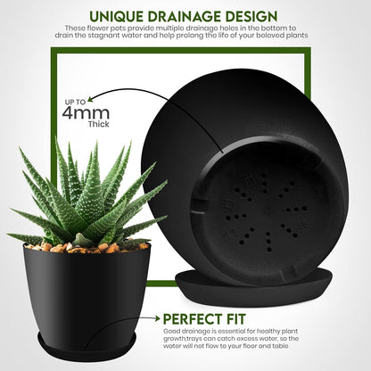- Plant Pots Indoor with Drainage - 7/6.6/6/5.3/4.8 Inches Flower Pots for Indoor Planter - 5 Pack Plastic Planters - Ideal for Stocking Stuffers or Home Christmas Decorations - Black