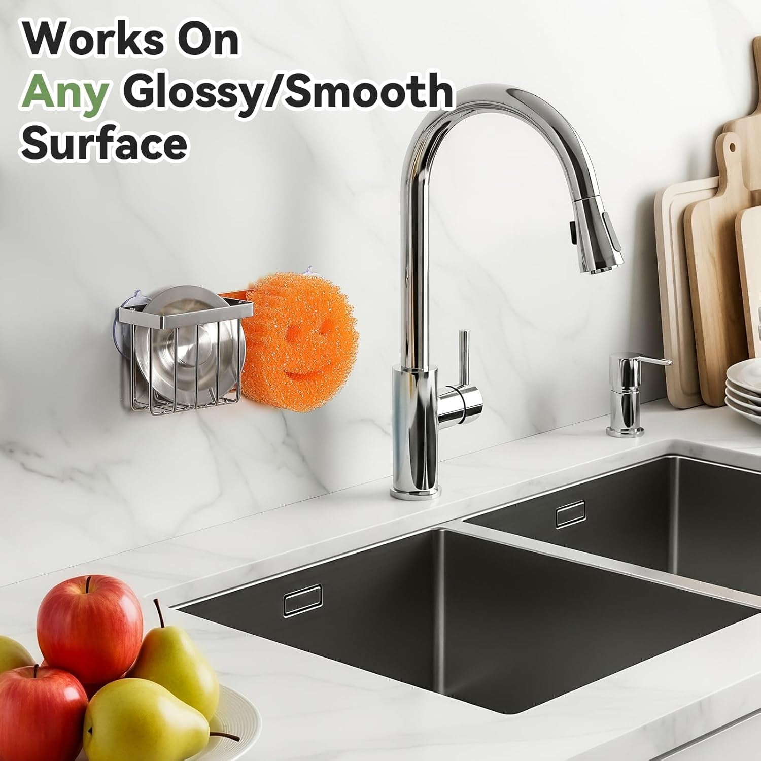 [Slim & Space-Saving] Sponge Holder for Kitchen Sink, Sponge Caddy for Scrub Daddy / Scrub Mommy Smiley Face, Sink Organizer Accessories for Dish Brush, Scrubber -With 2 Suction Cups & 1 Adhesive Hook