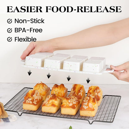 Set of 2 Mini Silicone Loaf Pans with Metal Reinforced Frame - Nonstick Small Bread and Meatloaf Baking Pans, 8 Cavity (Cream)