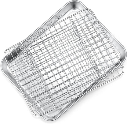 9 Inch Toaster Oven Pan with Rack Set, Stainless Steel Baking Pan Tray and Grid Cooling Rack for Cooking/Roasting, Dishwasher Safe & Easy to Clean, Non-Toxic & Sturdy, (2Pcs)