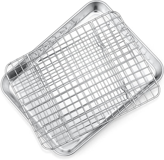 9 Inch Toaster Oven Pan with Rack Set, Stainless Steel Baking Pan Tray and Grid Cooling Rack for Cooking/Roasting, Dishwasher Safe & Easy to Clean, Non-Toxic & Sturdy, (2Pcs)