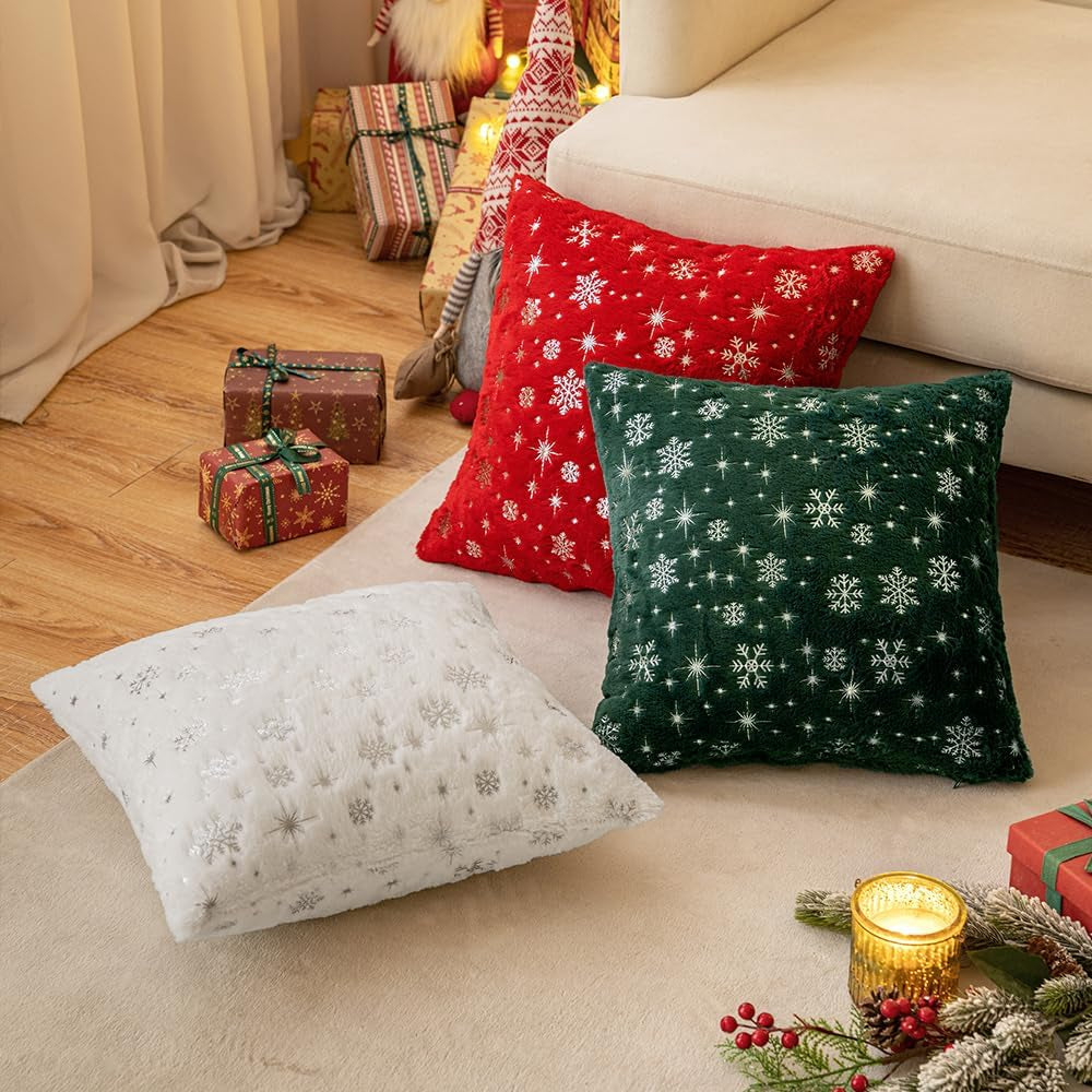 Set of 2 Christmas Decorative Throw Pillow Covers Soft Faux Fur Winter Pillow Covers with Silver Snowflake Glitter Holiday Festival Pillowcases for Couch Sofa Bed, 18×18Inch, Dark Green