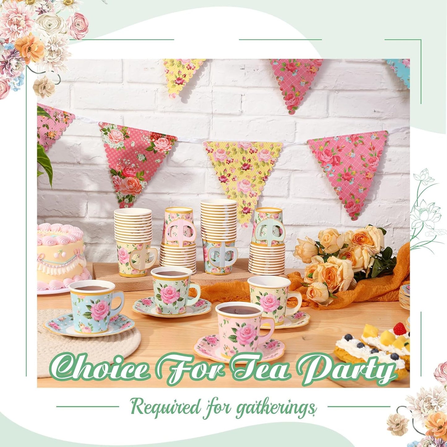 98-Piece Floral Tea Party Decoration Set: 26 Ft Bunting, 6.5 Oz Disposable Coffee Cups with Handles and Saucers, Ideal for Weddings and Birthdays (Classic)