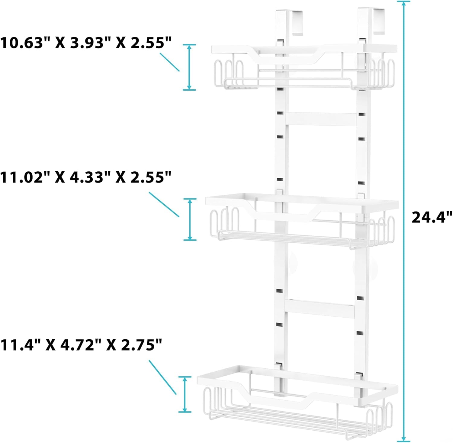White over the Door Shower Caddy, 4-Tier Black Shower Head Rack Shelves, Home Decor Bathroom Accessories Organization, Shampoo Soap Holder