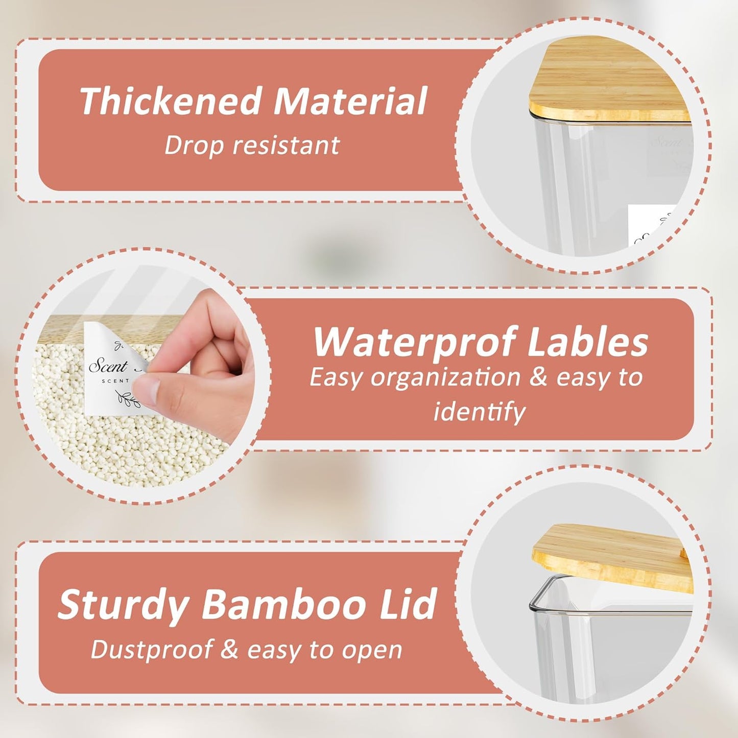 Laundry Room Organization and Storage, Laundry Pods Container and Dryer Sheet Holder with Bamboo Lids and Labels, Laundry Organizer with Scoops for Booster Beads, Powder, Pods, 2+1 Pack