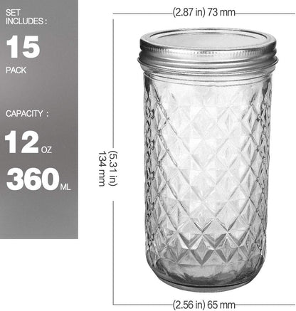 12 OZ Mason Jars - 15 Pack Canning and Jelly Jars with Regular Lids, Perfect for Jam, Honey, Wedding and Shower Favors