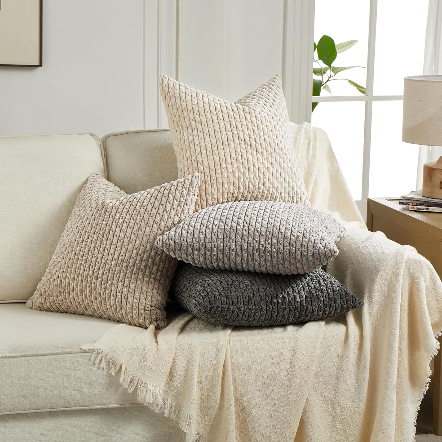 Set of 4 Farmhouse Neutral Decorative Throw Pillow Covers 18X18 Inch for Couch Bed Sofa Bedroom, Modern Boho Home Decor, Soft Fluffy Textured Corduroy Cute Grey Series Cushion Case 45X45 Cm