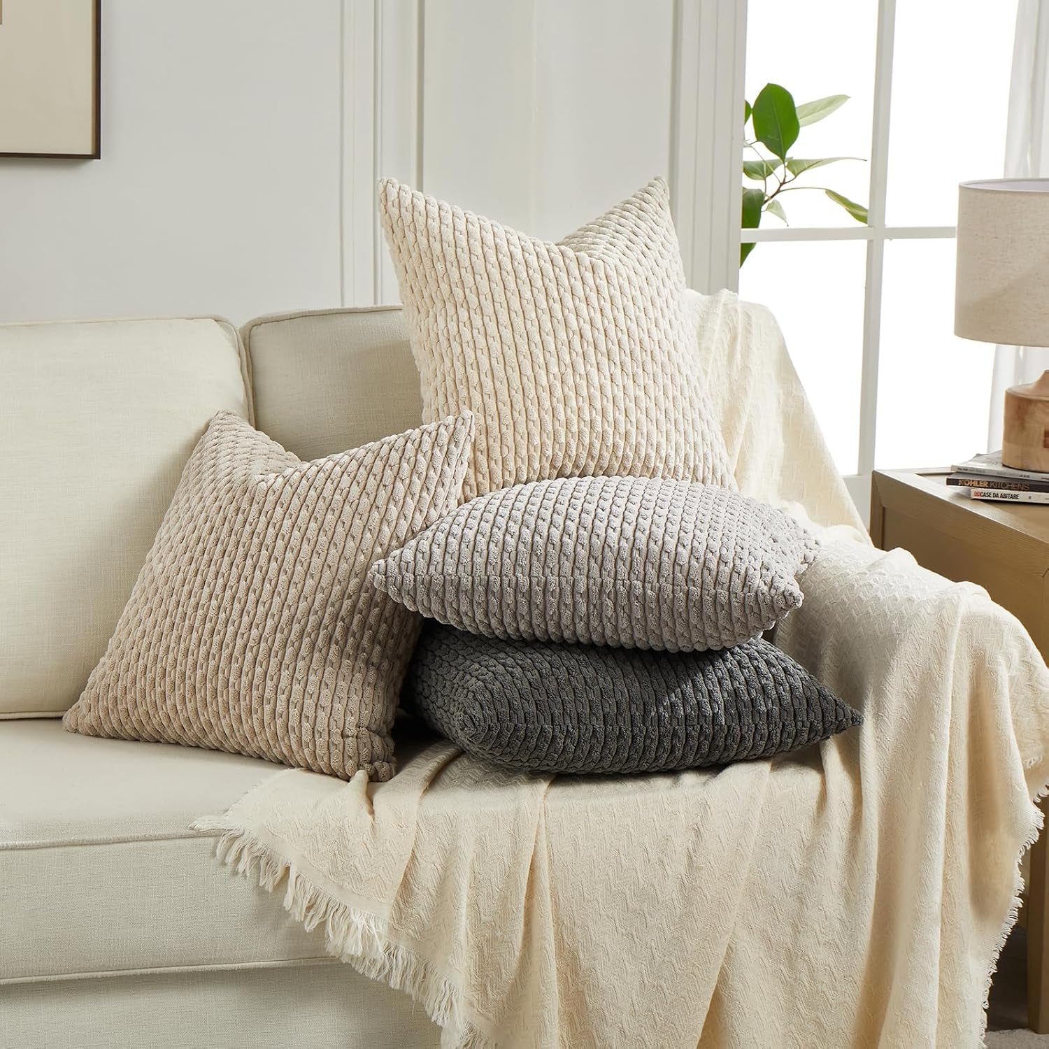 Set of 4 Farmhouse Neutral Decorative Throw Pillow Covers 18X18 Inch for Couch Bed Sofa Bedroom, Modern Boho Home Decor, Soft Fluffy Textured Corduroy Cute Grey Series Cushion Case 45X45 Cm