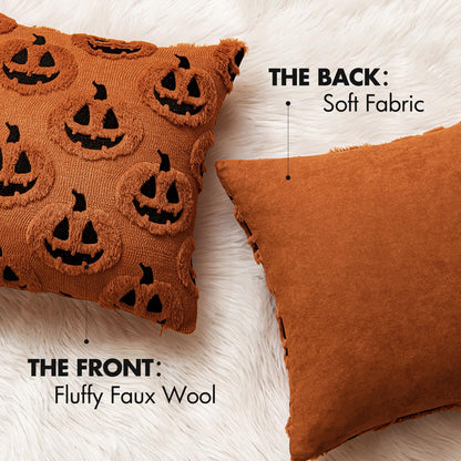 Fall Halloween Throw Pillow Covers 18X18 Decorative Pumpkin Pattern Pillowcases Soft Plush Faux Wool Cushions for Home Patio Sofa Couch,Rust