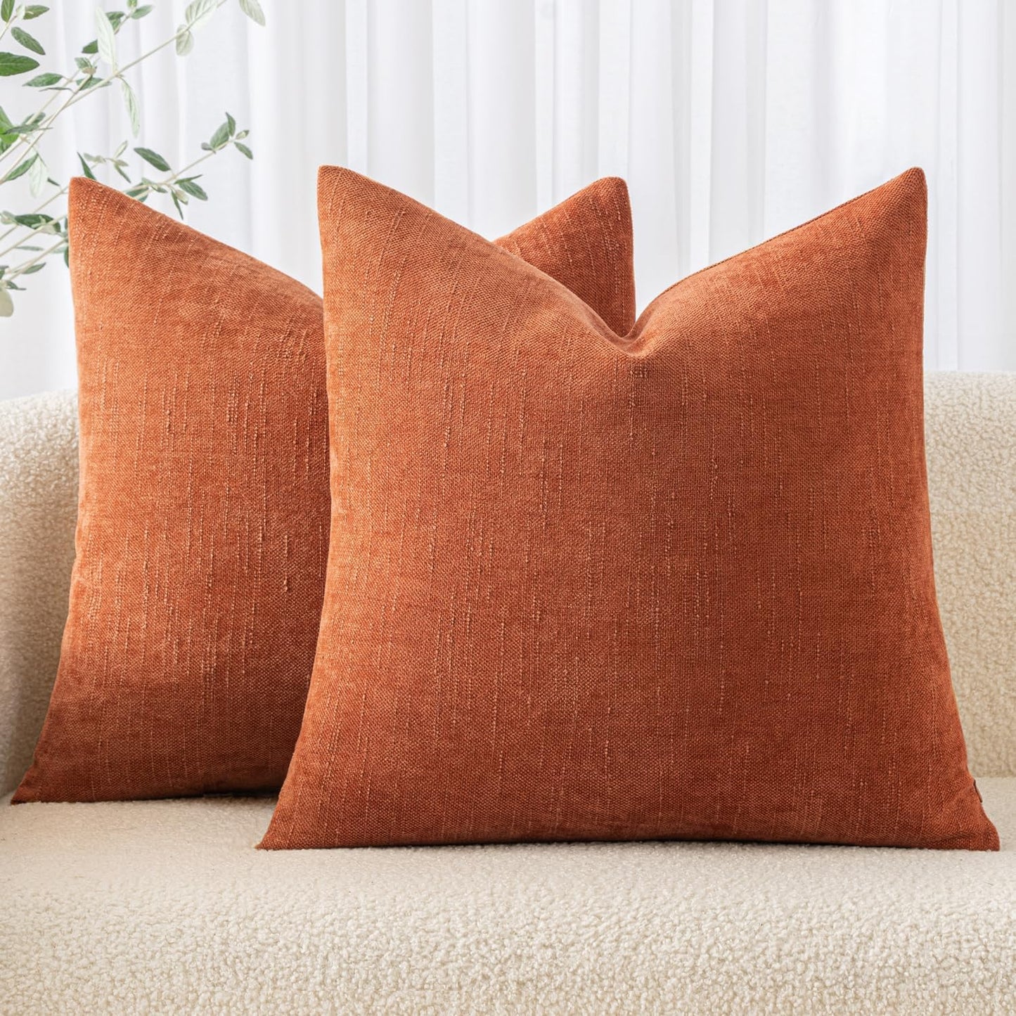 Pack of 2 Fall Decorative Throw Pillow Covers Soft Chenille Throw Pillows Solid Textured Cushion Covers Home Decor for Couch Sofa Bedroom Living Room 18X18 Inch, Burnt Orange