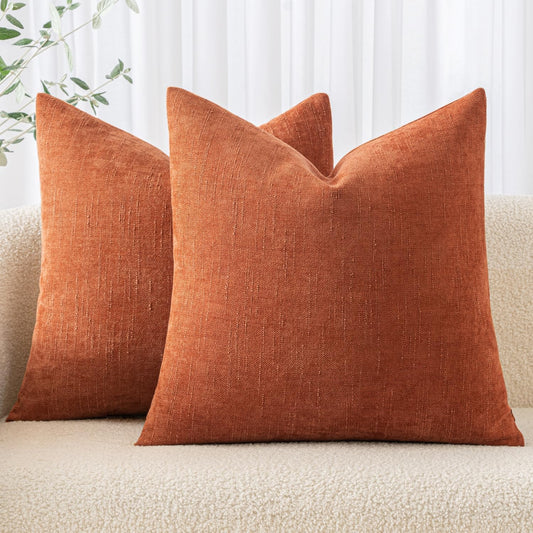 Pack of 2 Fall Decorative Throw Pillow Covers Soft Chenille Throw Pillows Solid Textured Cushion Covers Home Decor for Couch Sofa Bedroom Living Room 18X18 Inch, Burnt Orange