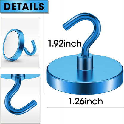 Heavy Duty Neodymium Magnetic Hooks - 10 Pack, 110 lbs Capacity, Rust-Proof Blue Magnets for Versatile Hanging Solutions in Kitchen, Garage, and Cruise Use