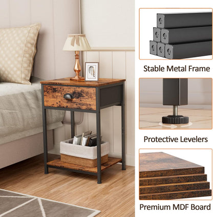 End Table with Storage Shelf and Fabric Drawer, 2 Tiers Industrial Nightstand, Bedside Table Organizer for Living Room Bedroom, Rustic Brown, Easy Assembly