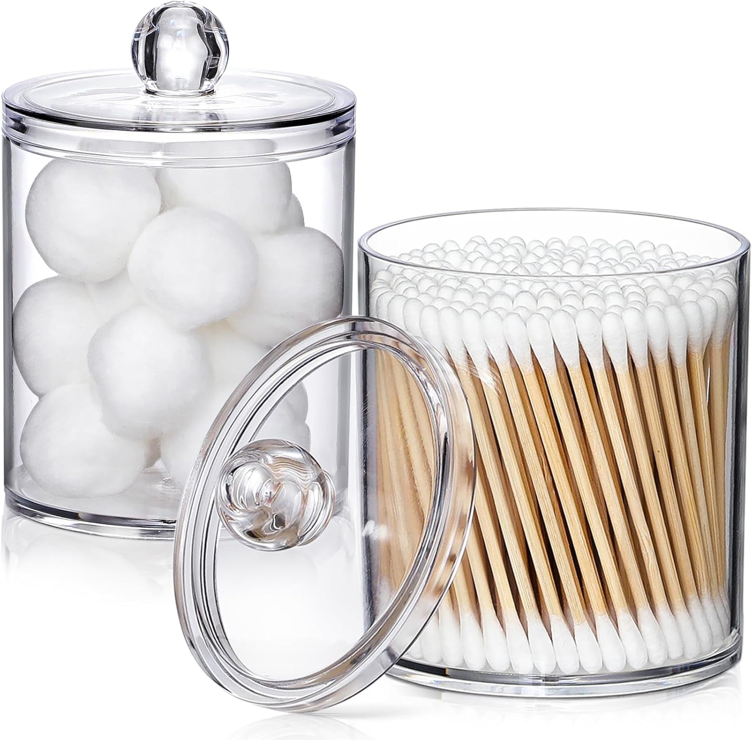 2 Pack Acrylic Qtip Holder Dispenser for Cotton Swabs, Balls, Pads, Floss Picks- Small Clear Plastic Canister Apothecary Jar Set, Bathroom Essentials Accessories Decor, Vanity Makeup Storage Organizer