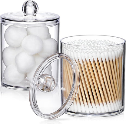 2 Pack Acrylic Qtip Holder Dispenser for Cotton Swabs, Balls, Pads, Floss Picks- Small Clear Plastic Canister Apothecary Jar Set, Bathroom Essentials Accessories Decor, Vanity Makeup Storage Organizer