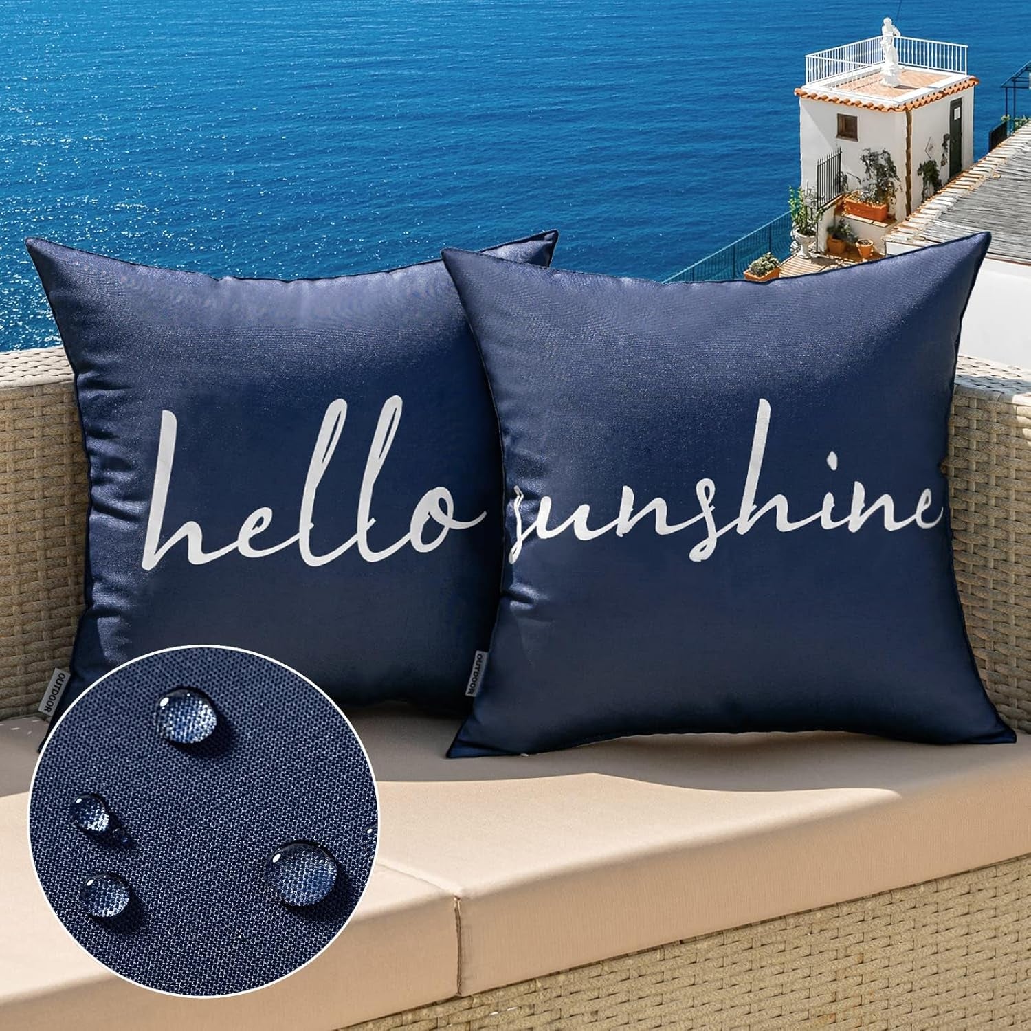 Outdoor Waterproof Throw Pillow Covers Set of 2 Hello Sunshine Decorative Outdoor Square Pillowcases for Chair Patio Garden Couch Tent Balcony Sofa Navy Blue 20X20 Inch