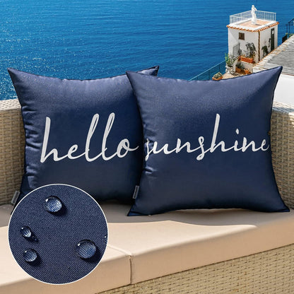Outdoor Waterproof Throw Pillow Covers Set of 2 Hello Sunshine Decorative Outdoor Square Pillowcases for Chair Patio Garden Couch Tent Balcony Sofa Navy Blue 20X20 Inch