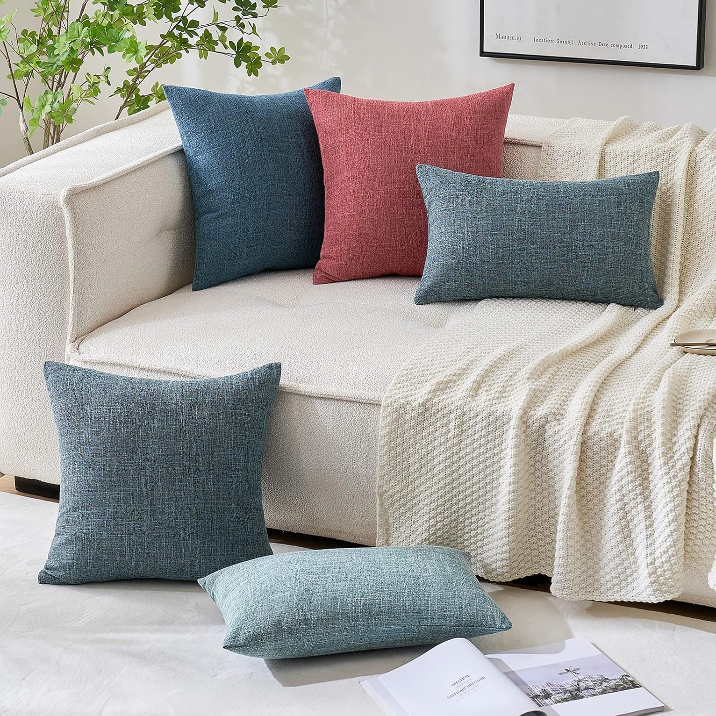 Pack of 2 Decorative Linen Burlap Coastal Pillow Covers Farmhouse Accent Pillowcases for Sofa Car Couch Bedroom Living Room Decor 18X18 Inch Dusty Blue