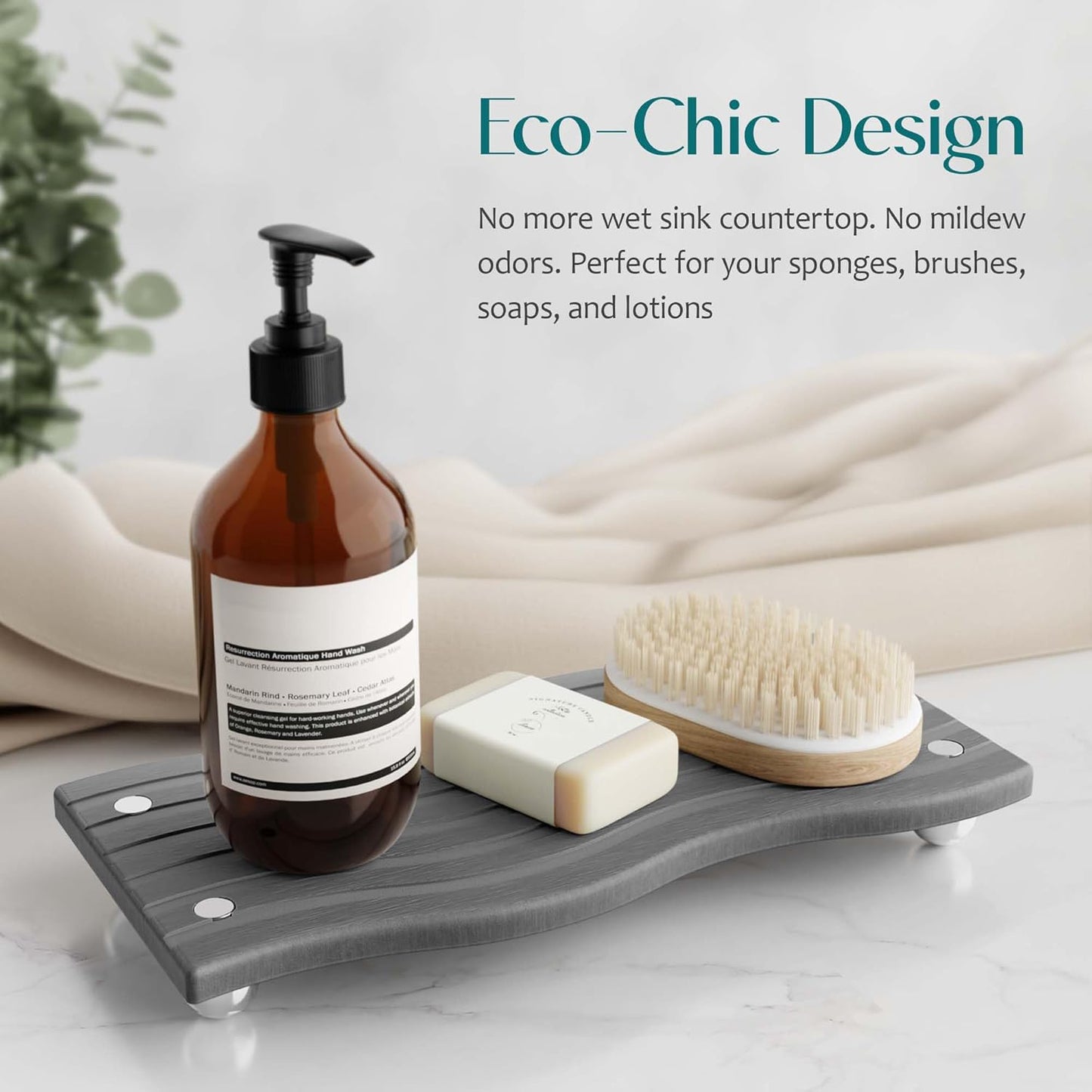 Water Absorbing Stone Tray for Sink, Diatomite Drying Stone for Kitchen Bathroom Counter, Decorative Raised-Feet Vanity Tray, Sink Caddy Organizer for Dish Soap & Sponge Holder [Dark Grey, 9'' X 4'']