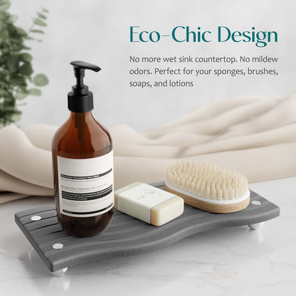 Water Absorbing Stone Tray for Sink, Diatomite Drying Stone for Kitchen Bathroom Counter, Decorative Raised-Feet Vanity Tray, Sink Caddy Organizer for Dish Soap & Sponge Holder [Dark Grey, 9'' X 4'']