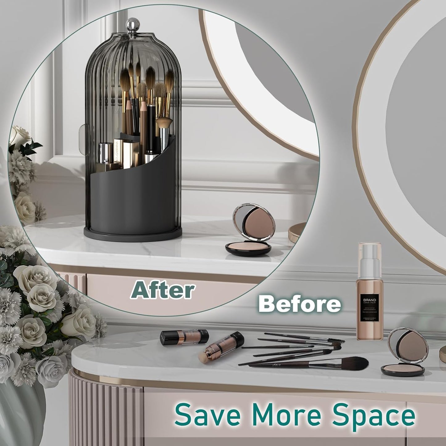 Makeup Brush Holder with Lid Cosmetic Tools Organizer 360 Rotating Waterproof Dustproof Beauty Brushes Storage for Vanity, Black-Grey