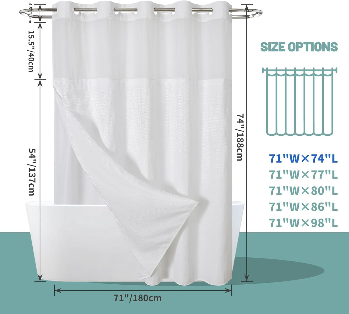 White No Hook Waffle Weave Shower Curtain with Snap-In Liner Replacement, 230GSM Waterproof Fabric Hotel Shower Curtain Set for Bathroom, through Mesh Top Window,71Wx74H
