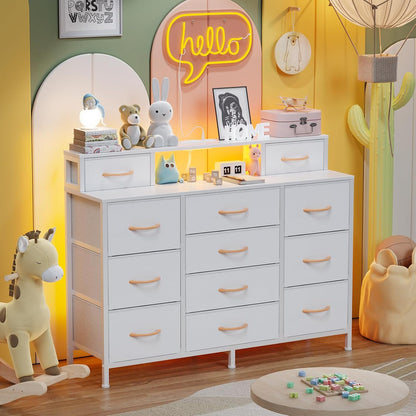 White Bedroom Dresser with LED Lighting and Charging Station, 47" Wide Chest Featuring 12 Fabric Storage Drawers, Versatile Vanity Furniture for Closet and Entryway, Includes 2 Shelves and Metal Frame