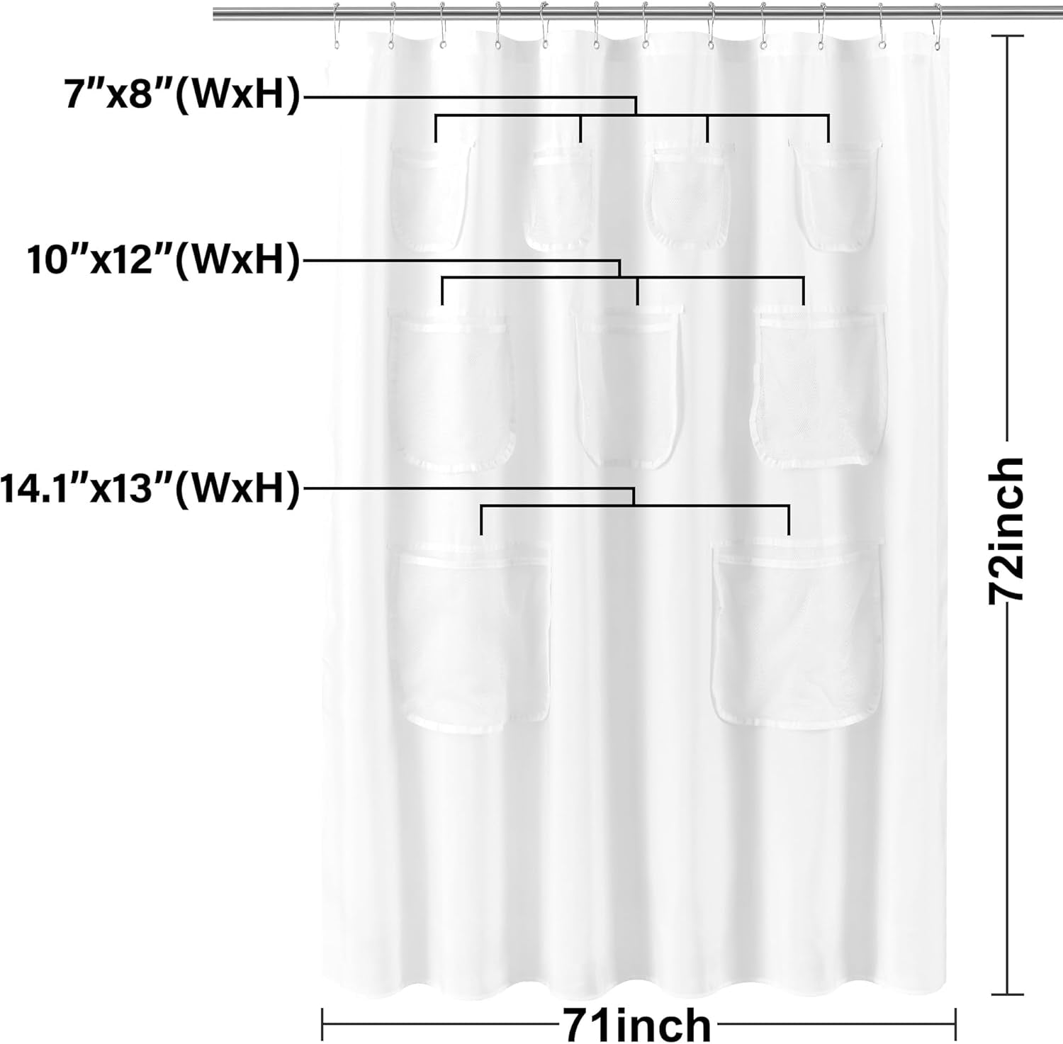 Water Repellent Fabric Shower Curtain or Liner with 9 Mesh Pockets - White, 71X72 Inches