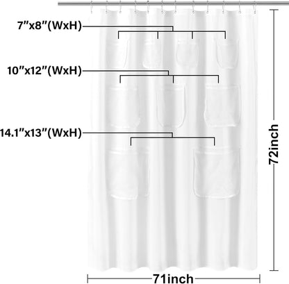 Water Repellent Fabric Shower Curtain or Liner with 9 Mesh Pockets - White, 71X72 Inches