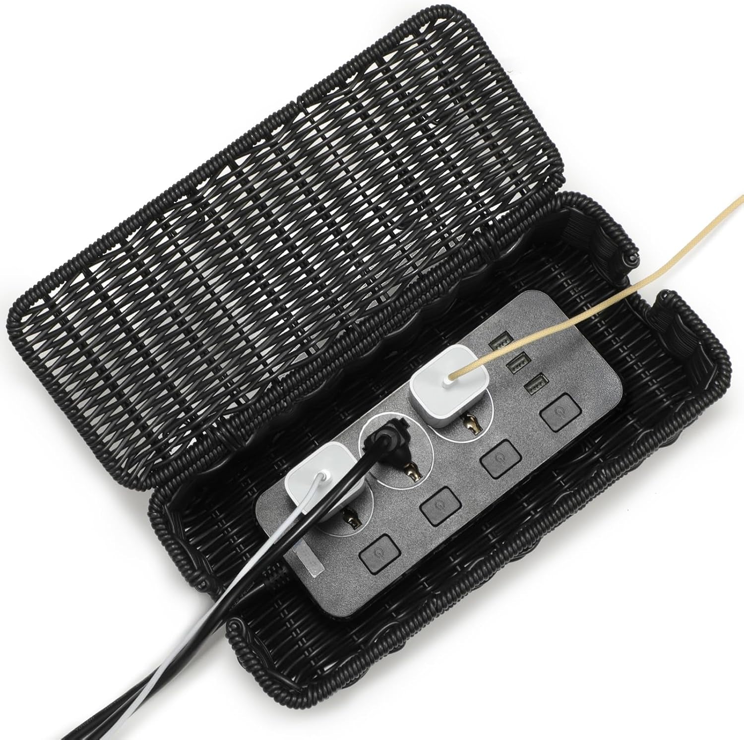 Cable Management Box, Handmade Rattan Cable Organizer, Power Cord Hider Box with 2 Open Slots, Desk Cord Organizer for Computer Router USB Hub Wire & Power Strip, 12.5"Lx 5.1" Wx 5.1"H, Black