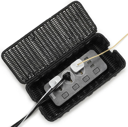 Cable Management Box, Handmade Rattan Cable Organizer, Power Cord Hider Box with 2 Open Slots, Desk Cord Organizer for Computer Router USB Hub Wire & Power Strip, 12.5"Lx 5.1" Wx 5.1"H, Black