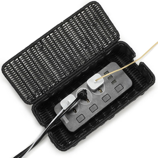 Cable Management Box, Handmade Rattan Cable Organizer, Power Cord Hider Box with 2 Open Slots, Desk Cord Organizer for Computer Router USB Hub Wire & Power Strip, 12.5"Lx 5.1" Wx 5.1"H, Black