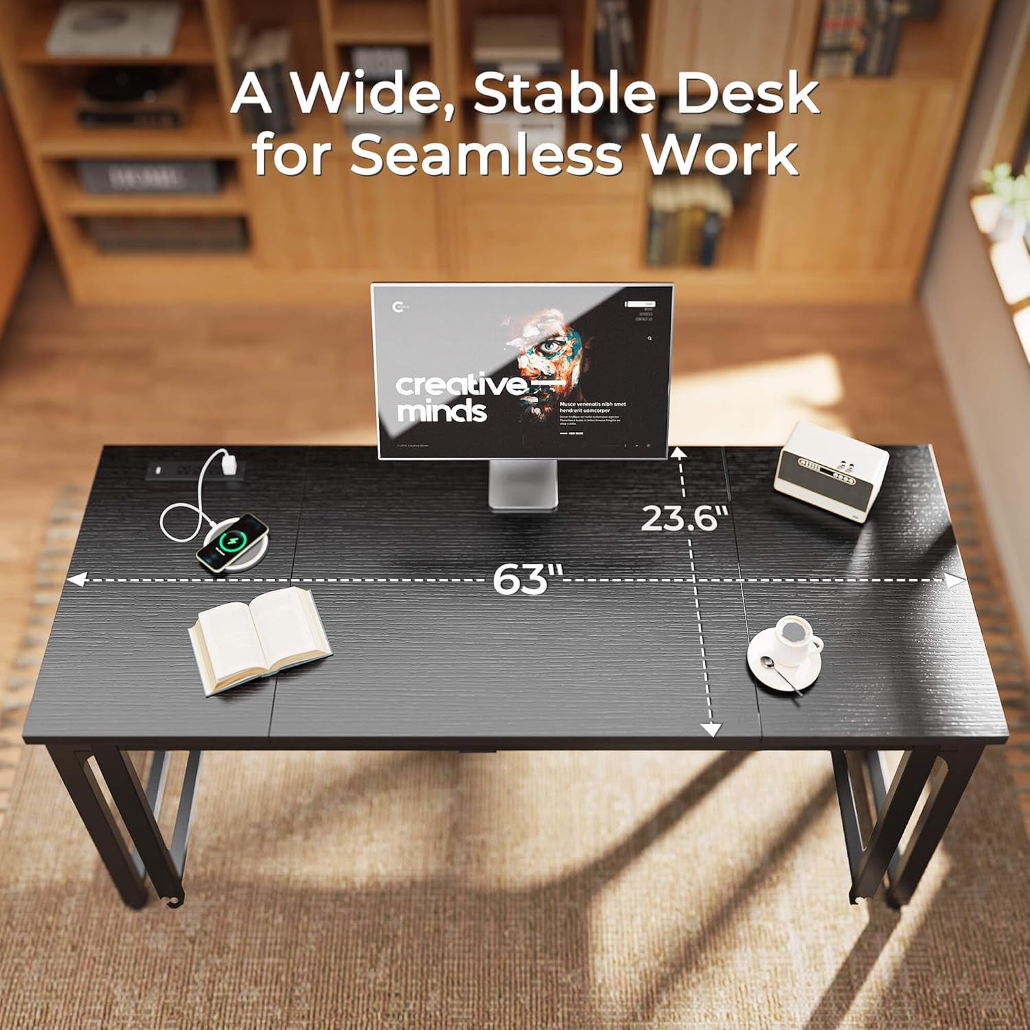 63 x 24 Inch Heavy-Duty Computer Desk with Power Outlets & USB-C, Enhanced Desktop Thickness, Sturdy Metal Frame, Ideal for Home Office and Gaming, Black