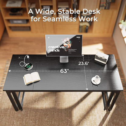 63 x 24 Inch Heavy-Duty Computer Desk with Power Outlets & USB-C, Enhanced Desktop Thickness, Sturdy Metal Frame, Ideal for Home Office and Gaming, Black