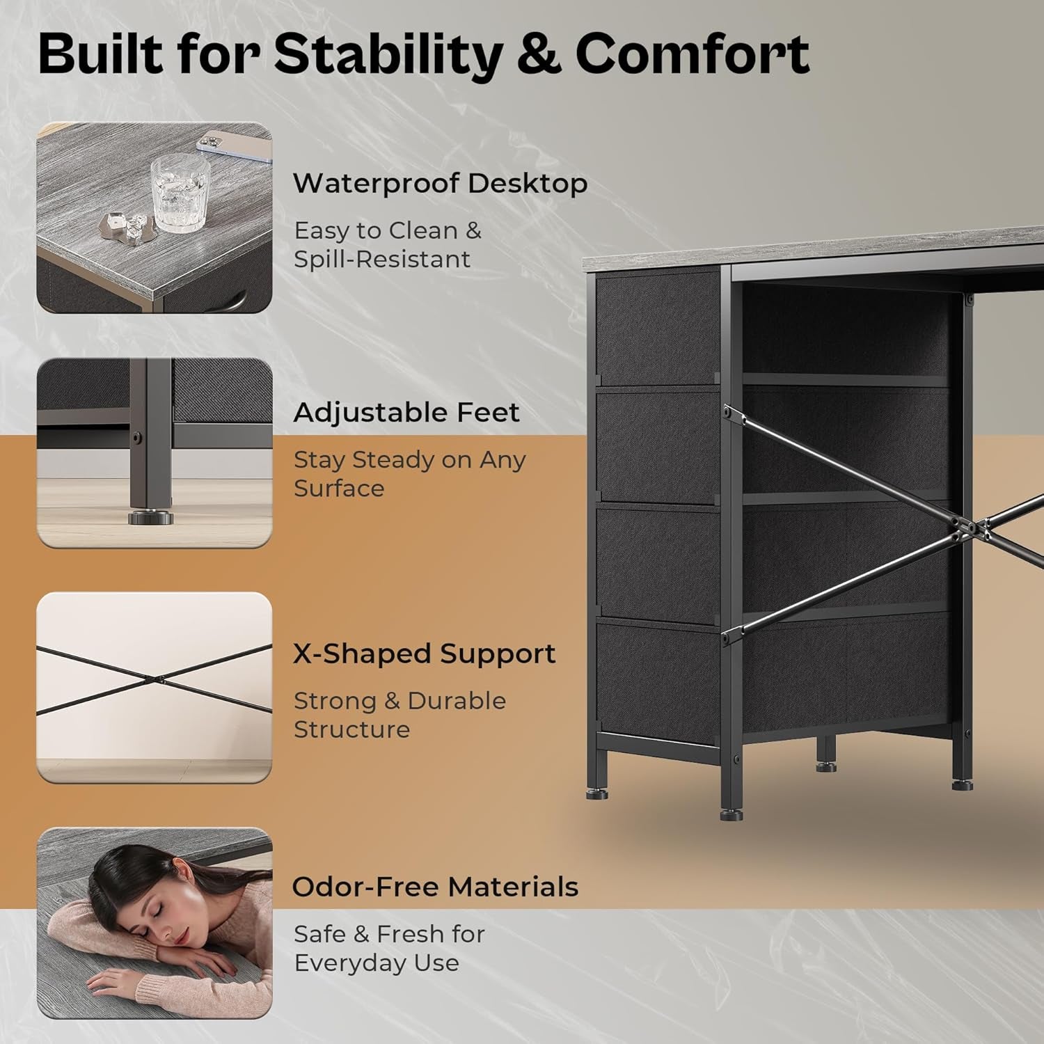 63-Inch L-Shaped Desk with Fabric Drawers, Reversible Computer Gaming Desk Featuring Power Outlets and USB-C Port, Adjustable Side Storage Shelves for Home Office and Study Corner, Grey