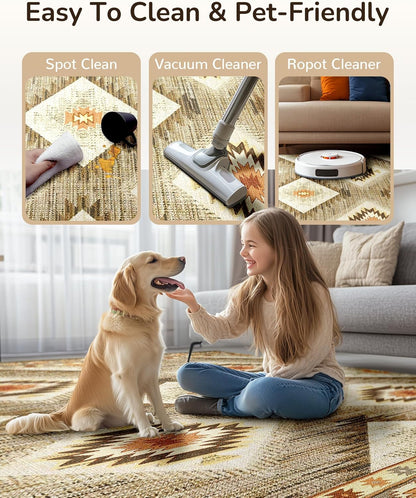 Area Rug 5X7 Rug Machine Washable Non-Slip Low Pile Print Pattern Western Rug for Living Room Bedroom Entryway Tribal Series -Cream/Camel