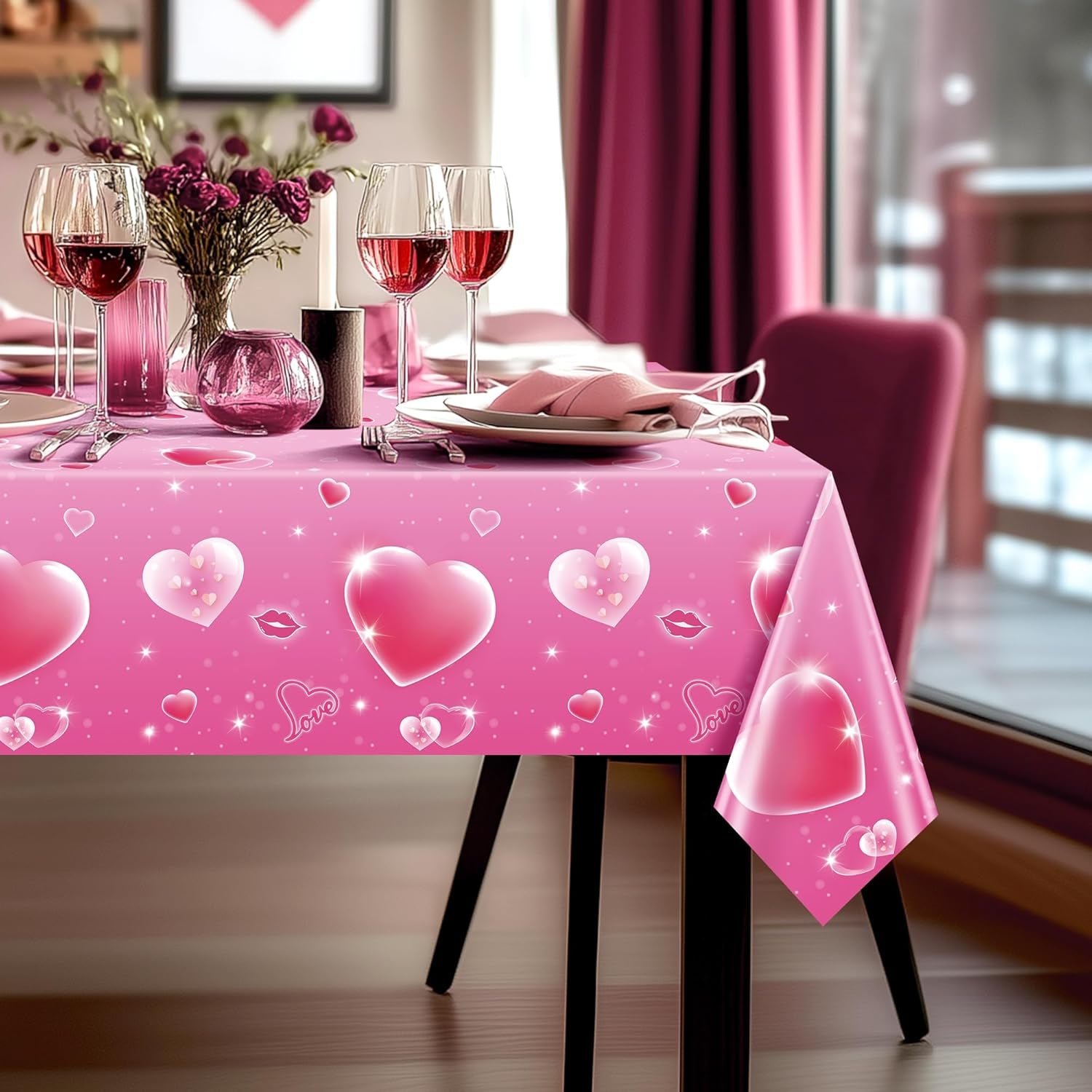 Set of 2 Pink Plastic Tablecloths, 54x108 inches with Dreamy Pink Hearts - Disposable Waterproof Decorations for Galentine's Day, Romantic Weddings, Anniversaries, and Engagements