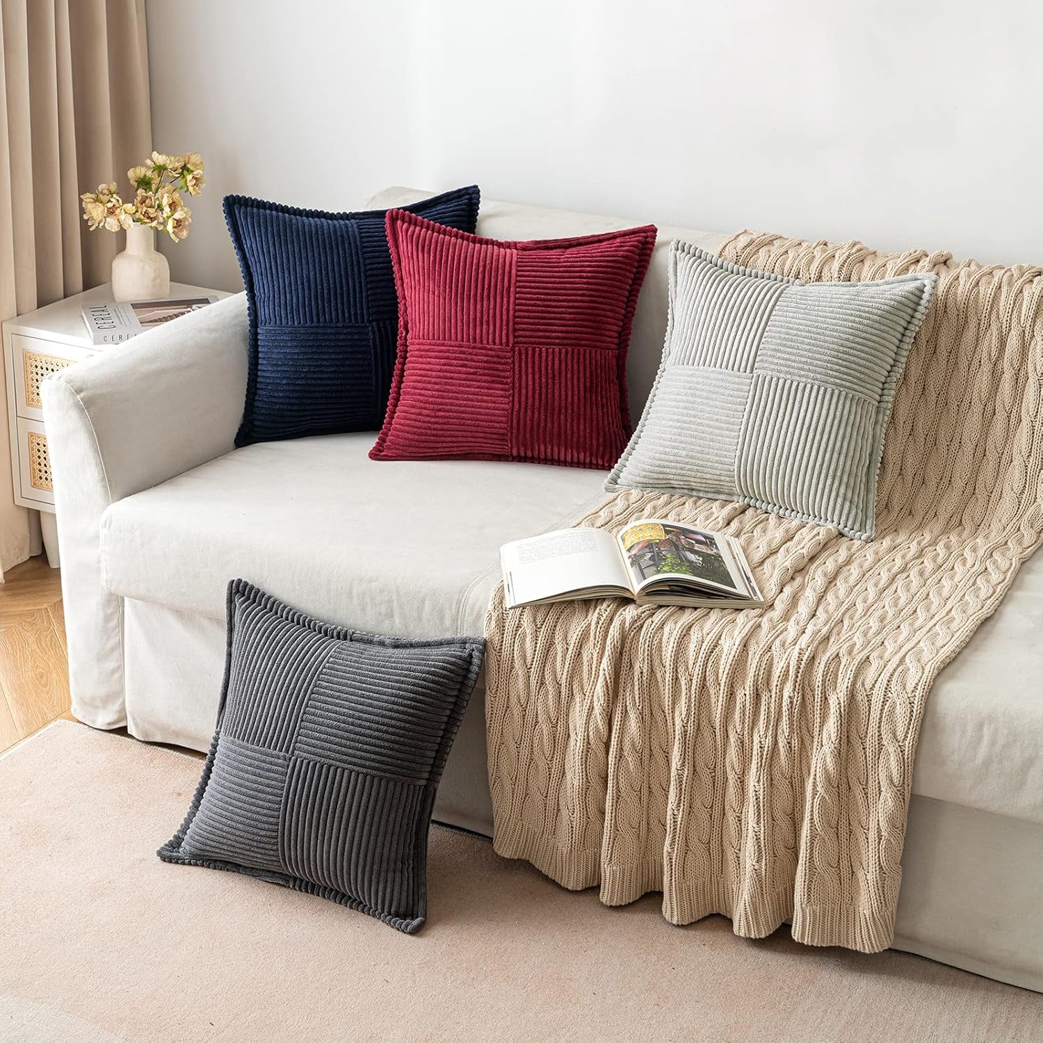 Christmas Decorative Throw Pillow Covers for Couch Bed Livingroom 18X18 Inch Set of 2 Burgundy Boho Accent Throw Pllows Broadside Striped Patchwork Soft Corduroy Pillowcases